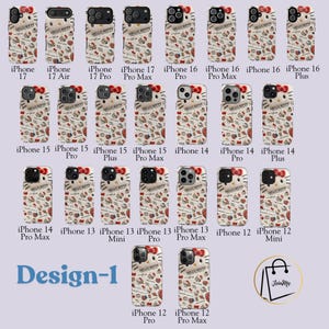 May include: A collection of Hello Kitty phone cases with various iPhone models displayed. The cases feature a repeating pattern of Hello Kitty, bows, and other themed graphics on a cream background. The text "Design-1" is visible.
