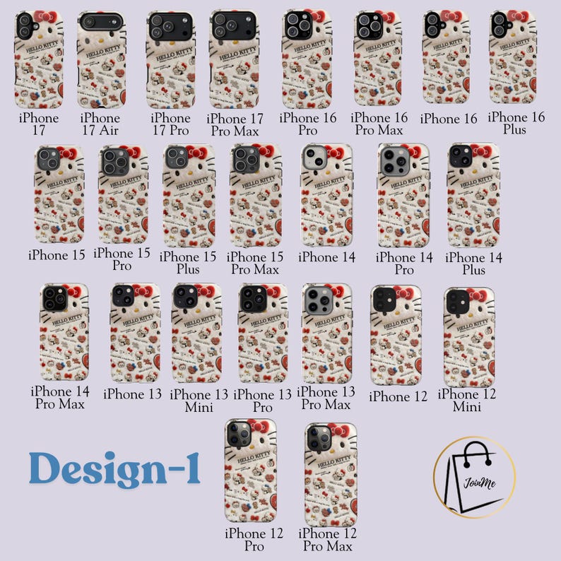 May include: A collection of Hello Kitty phone cases with various iPhone models displayed. The cases feature a repeating pattern of Hello Kitty, bows, and other themed graphics on a cream background. The text "Design-1" is visible.
