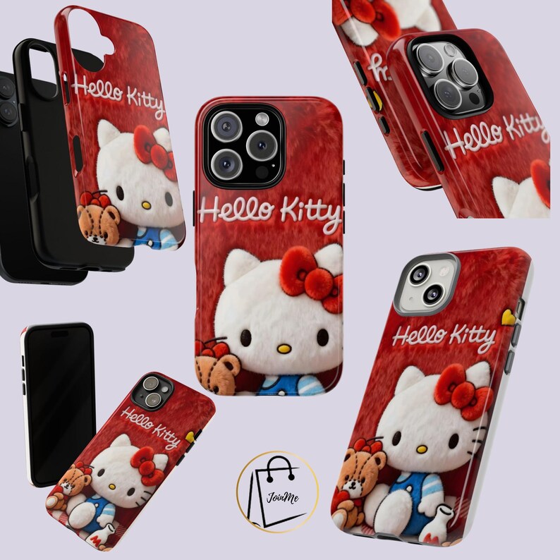May include: Red phone cases featuring the Hello Kitty character with a red bow, a teddy bear, and the text "Hello Kitty". The cases have a fuzzy texture and are designed for a smartphone.