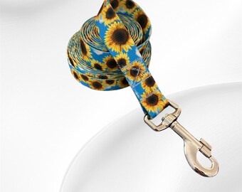 Blue Sunflower Dog Collar: Adjustable Cotton Webbing, Leash Set