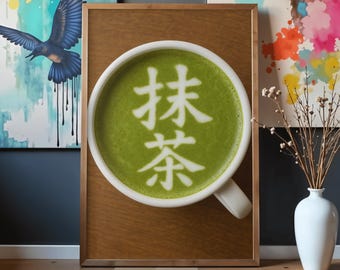 Matcha Latte Wall Art Print, Japanese Matcha Café Poster, Zen Kitchen Decor, Minimalist Green Tea Printable Download
