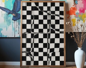 Abstract Checkerboard Wall Art – Black and White Modern Geometric Print, Minimalist Contemporary Decor