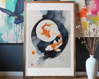 Japansk Koi-fiskposter – Yin Yang Zen-väggkonst, akvarellmålning, minimalistisk japansk inredning, Wabi Sabi-tryck, digital nedladdning