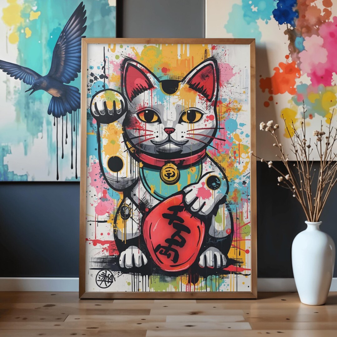 Lucky Cat Japanese Wall Art Poster – Modern Maneki Neko Print, Minimal ...