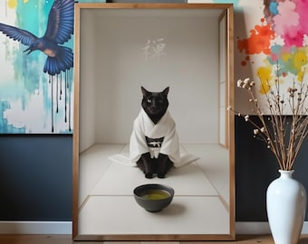 禅猫の壁掛けアート - 源氏による深遠な静寂を描いた日本の水墨画
