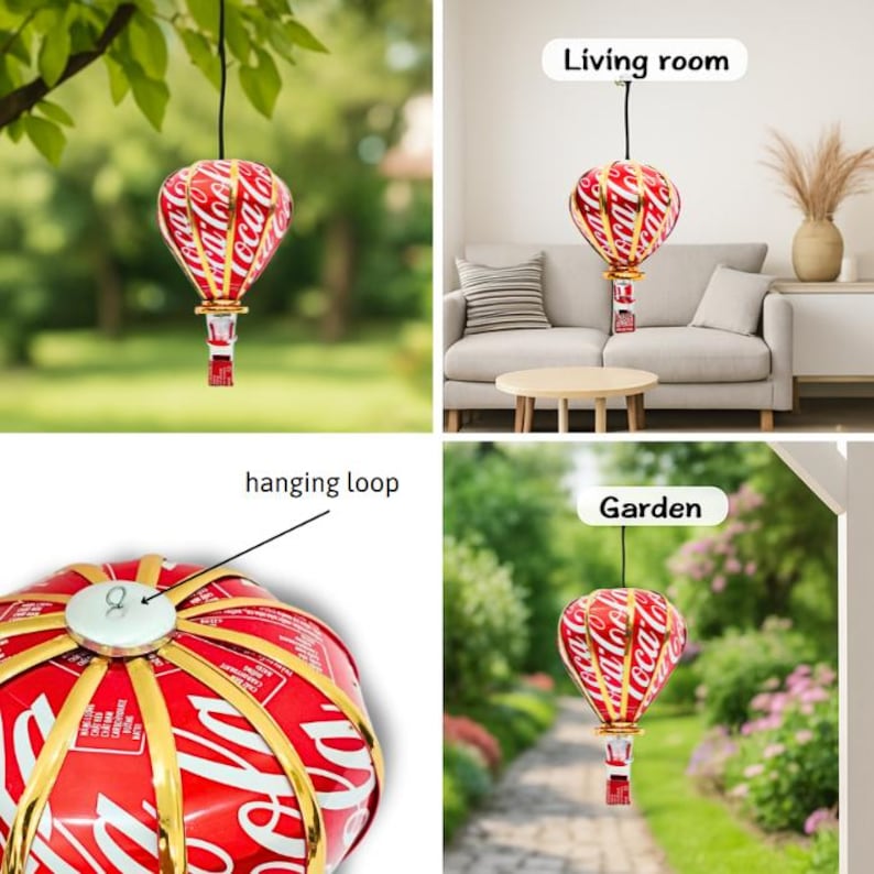Puede incluir: Adorno colgante con forma de globo aerost&aacute;tico, hecho de latas de Coca-Cola recicladas. El globo es rojo y blanco con el logotipo de Coca-Cola. Se suspende con un cord&oacute;n negro y es adecuado para uso en interiores o exteriores.