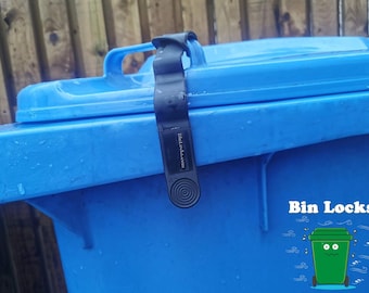 May include: A black bin lock with the text "Bin Locks" and a cartoon illustration of a green bin with a face. The bin lock is attached to a blue recycling bin.