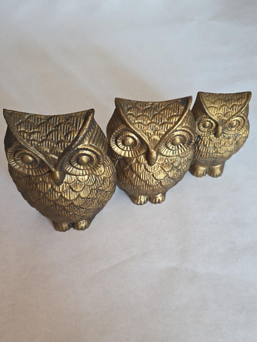 Family Trio Vintage Gold MCM Boho Metal Owls - Shelf Sitters or To Hang