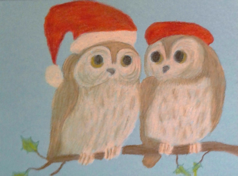 Aceo Original Owls Santa Painting Art Card Signed