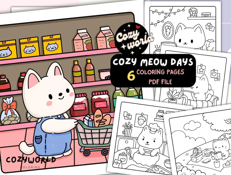 May include: Six black and white coloring pages featuring cute cats in various activities, including shopping, baking, and having a picnic. The title of the coloring book is "Cozy Meow Days".