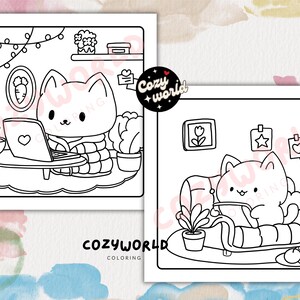 May include: A black and white coloring page featuring two cats. One cat is sitting at a table with a laptop and a cup of coffee. The other cat is sitting on a couch with a book. The page has the text "Cozyworld Coloring" at the bottom.
