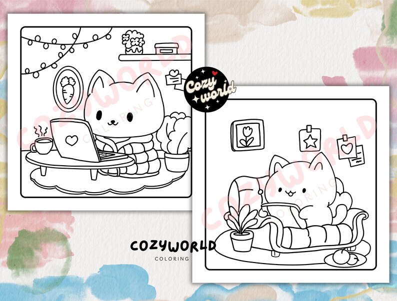 May include: A black and white coloring page featuring two cats. One cat is sitting at a table with a laptop and a cup of coffee. The other cat is sitting on a couch with a book. The page has the text "Cozyworld Coloring" at the bottom.