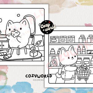 May include: A black and white coloring page featuring two illustrations. The first illustration shows a cat washing its face in a bathroom sink. The second illustration shows a cat shopping for groceries at a supermarket.