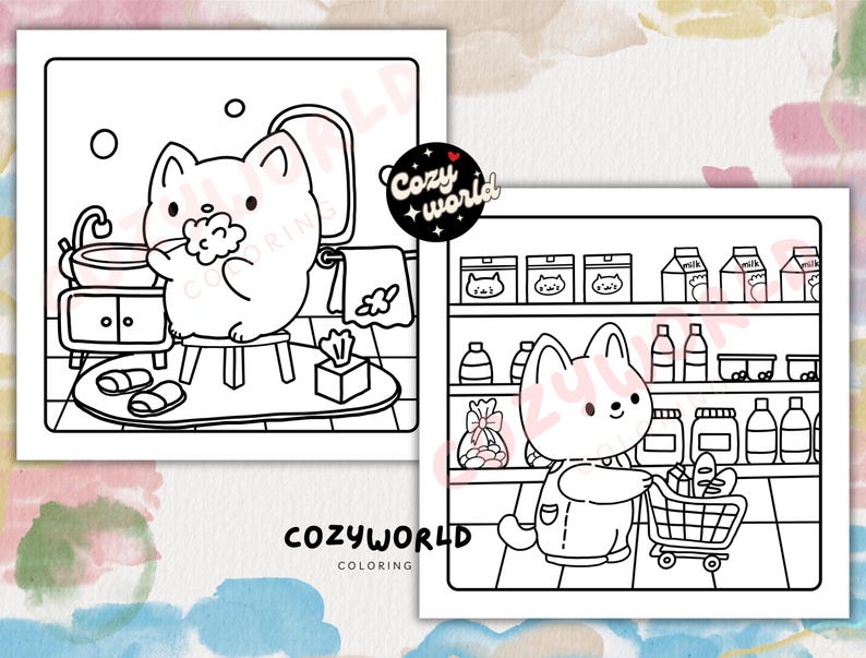 May include: A black and white coloring page featuring two illustrations. The first illustration shows a cat washing its face in a bathroom sink. The second illustration shows a cat shopping for groceries at a supermarket.