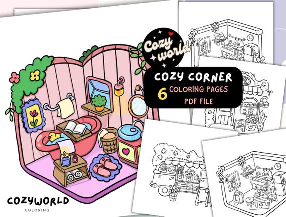 Cozy Corner Hygge place Cozy spaces coloring pages cute Hand drawn coloring pages instant download printable