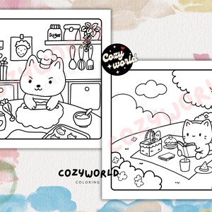 May include: A black and white coloring page featuring two cute cats. One cat is baking in the kitchen and the other is having a picnic in the park. The coloring page is titled "Cozyworld Coloring".