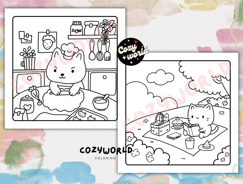May include: A black and white coloring page featuring two cute cats. One cat is baking in the kitchen and the other is having a picnic in the park. The coloring page is titled "Cozyworld Coloring".