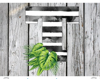 Monogram png Digital Download, T png, Tropical PNG, Monstera png file, plants png, Stripe png, Alphabet png, Letter T sublimation