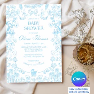 Toile de jouy uitnodiging babyshower babyblauwe bloemen babyshower uitnodiging elegante tuinfeest babyuitnodiging lint Victoriaanse sjabloon