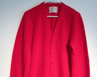 Jantzen Golf Cardigan Sweater.  Vintage 1960.  Size Medium.  Red.  Made in USA.  Pure Virgin Wool.