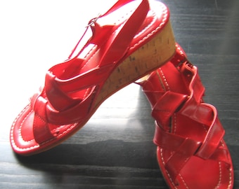 60's 70's Red Cork Wedge Shoes.  Vintage, Hippie, Ethnic, Boho, Summer of LOVE.  Woodstock