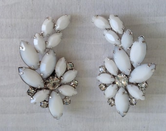 Weiss clip earrings.  Vintage 1960 Costume Jewelry,   White and Clear Rhinestones.  Stunning.