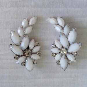 Weiss clip earrings. Vintage 1960 Costume Jewelry, White and Clear Rhinestones. Stunning. image 1