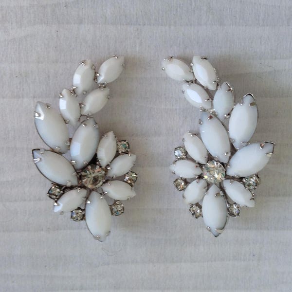Weiss clip earrings.  Vintage 1960 Costume Jewelry,   White and Clear Rhinestones.  Stunning.