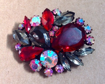 Stunning Rhinestone Brooch, Pin. Large Size.  Hollywood Glamour.  Fabulous Ruby Red, Grey, and Pink AB crystal stones.   Vintage 1950.