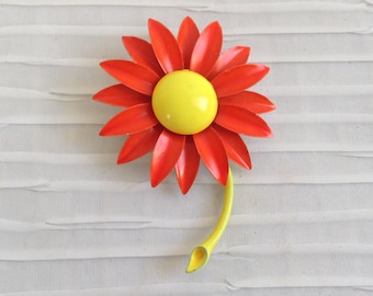 Vintage Flower Power Brooch, Pin from the 70's.  Orange and Yellow.   Mid Century Modern.
