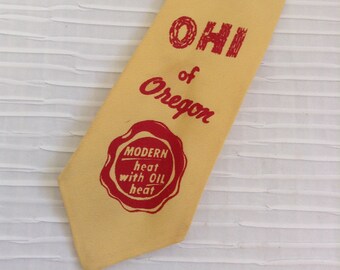 Rare OHI of Oregon logo necktie.  USA. Vintage 1950 Ad-TIE Skinny Tie. Mad Men, Beatles, Rockabilly, Elvis Costello.