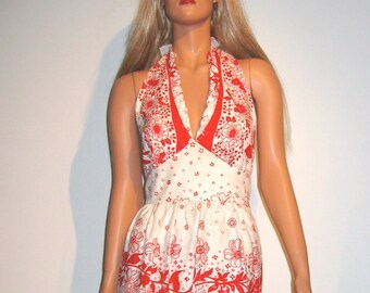 Halter Dress in brilliant Red and White.  Vintage 1970's .  Floral Boho, Hippie.