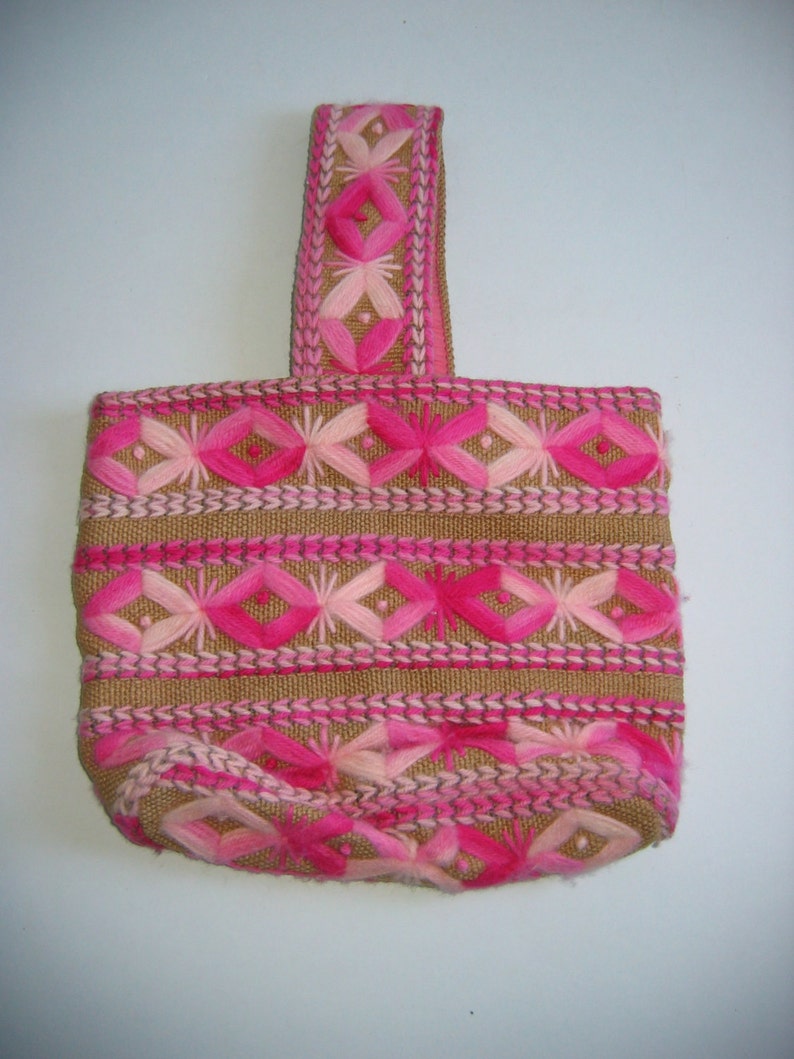 handbag Boho Vintage 1970. Hippie tote purse Unique bag pastel pink colors Burlap and Yarn Totebag