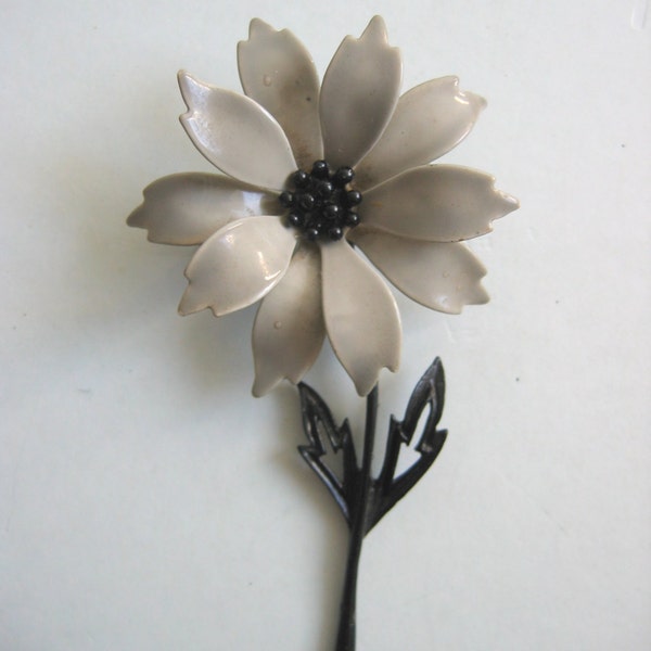 Vintage Flower Power Brooch, Pin from the 70's.  signed JJ for Jonette Jewels.  Grey and Black enamel.   Mid Century Modern.