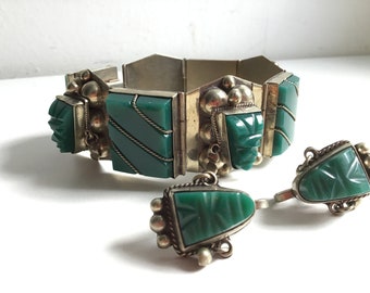 Sterling Silver Taxco Bracelet with Earrings.  Green masks. Vintage from the 40&#39;s  50&#39;s.