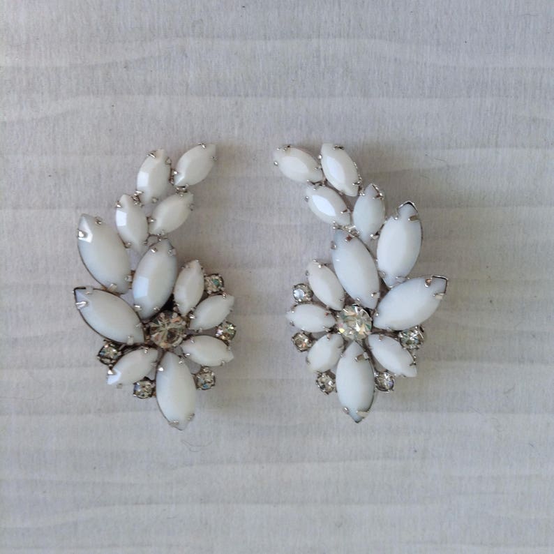 Weiss clip earrings. Vintage 1960 Costume Jewelry, White and Clear Rhinestones. Stunning. image 1