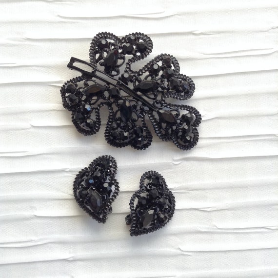 Black Rhinestone Japanned Metal Brooch, Pin and M… - image 4