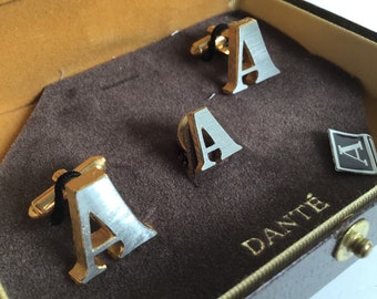 Vintage Dante Cuff Links An Matching Tietac in Original Box, Cufflinks.  Initial A