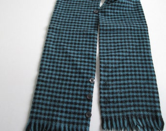 Vintage fringed Merino Wool Scarf, faux vest.  Gorgeous blue black houndstooth woven scarf.  New old stock.  Made in USA.