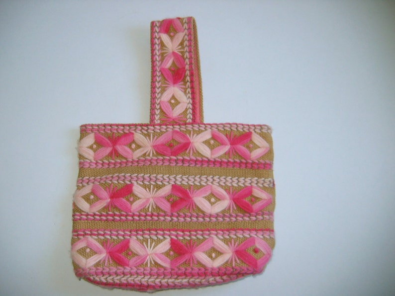 handbag Boho Vintage 1970. Hippie tote purse Unique bag pastel pink colors Burlap and Yarn Totebag