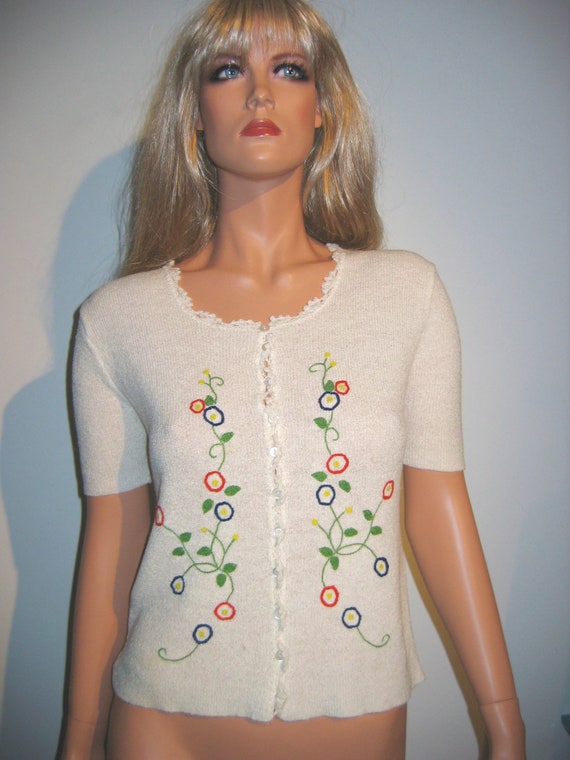 Short Sleeve Embroidered cardigan top.  Vintage W… - image 1