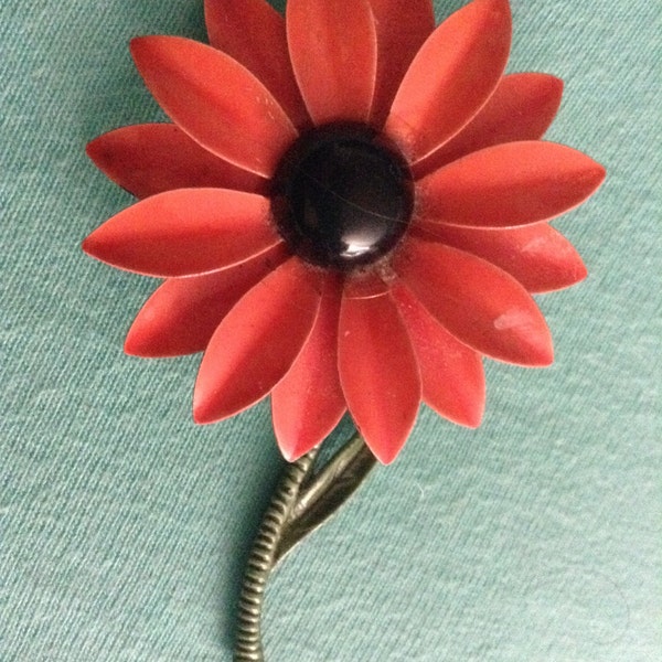 Flower Power Brooch, Vintage pin from 1960.  Orange and Black.   Mid Century Modern.  Hippie Kitsch.