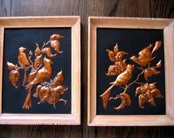 Pair of copper repousse framed pictures.   Birds & flowers. Vintage 1950s Kitsch.