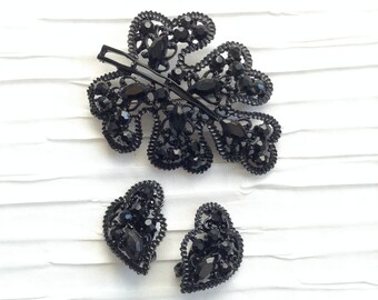 Black Rhinestone Japanned Metal Brooch, Pin and Matching Clip Earrings.  Hollywood Glamour.  Fabulous.