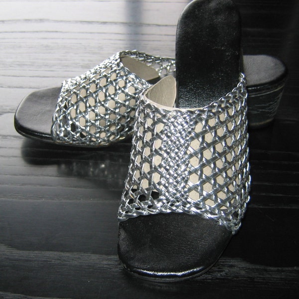 60's 70's Silver slides, Shoes.  Chunky Heel.  Vintage, Hippie, Ethnic, Boho, Summer of LOVE.  Woodstock