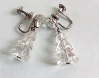 Crystal & Sterling Silver Earrings.  Made in Japan.    Vintage 1950.  Modernist, Screw back, Dangle, Mid Century Modern