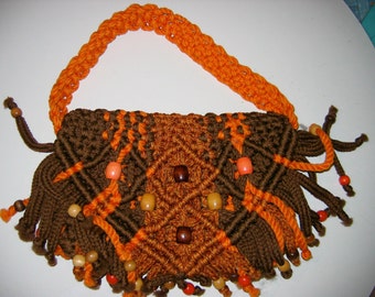 Boho, Hippie, Macrame bag, handbag, purse, 1970's. Unique bag with wood beads.