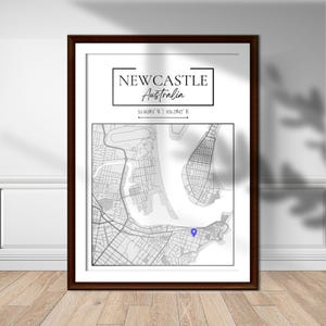 Impressão monocromática de mapa da cidade australiana - Newcastle Minimalista em preto e branco Arte para decoração moderna de casa, download digital instantâneo em A1 + A2