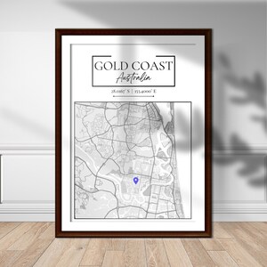 Mapa da cidade australiana monocromática - pôster da Gold Coast, arte de decoração de parede minimalista moderna em preto e branco, tamanho A1 A2 PDF PNG impressão digital