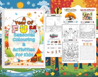 Pode incluir: Um livro de atividades infantis intitulado "A Year of FUN Seasonal Colouring & Activities For Kids". O livro apresenta páginas para colorir e atividades para o verão, inverno, outono e primavera. A capa é ilustrada.